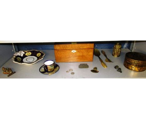 A mixed lot to include a Victorian walnut work box, a Satsuma cup and saucer, a lacquered box and brassware to include a Lorn