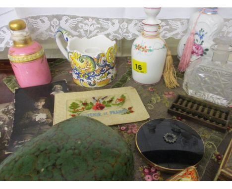 Continental porcelain perfume bottles, a vintage glass perfume bottle, a miniature abacus, Eastern papiermache boxes, three v