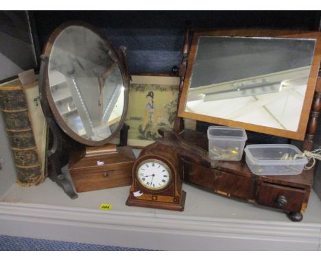 A Georgian mahogany swing mirror above small drawers, another mirror, A/F, an Edwardian inlaid mantle clock, a Georgian mahog