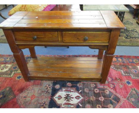 A modern stained hardwood side table with a lower shelf and two small drawers