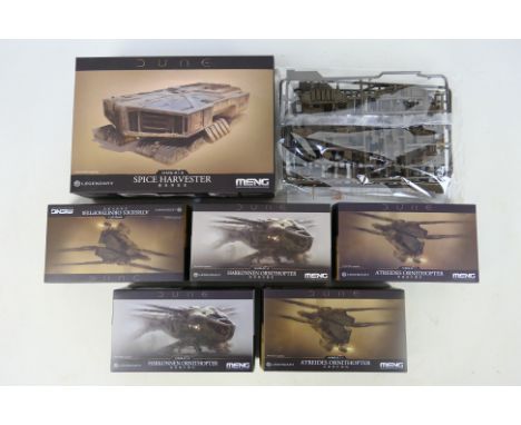 Meng - Six boxed 'Dune' themed plastic model kits from Meng. Lot includes Meng MMS-013 Spice Harvester; MMS-014 Harkonnen Orn