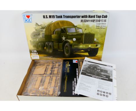 I Love Kit - A boxed #63501 1:35 scale US M19 Tank Transporter with Hard Top Cab plastic model kit from I Love Kit. The kit a
