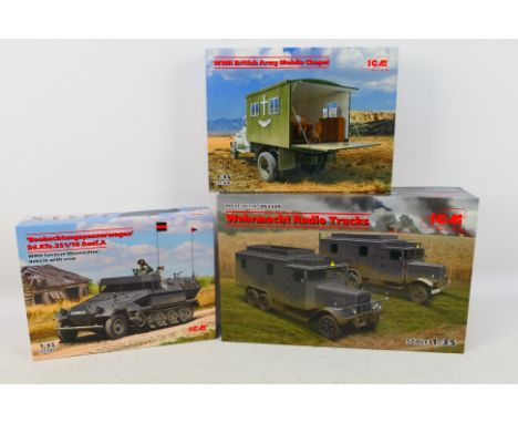 ICM - Three boxed factory sealed plastic military vehicle model kits in 1:35 scale. Lot consists of ICM DS3509 Wehrmacht Radi