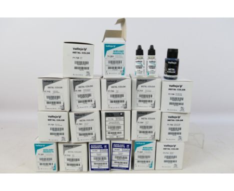 Vallejo - A group of 18 trade boxes of Vallejo paints and auxiliary products .Each box contains 6 bottles (one has 5) and inc