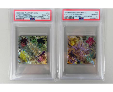 Dragon Ball Warrior - Two PSA grade 2023 Dragon Ball Warrior Seals. Lot consists of Wafer Sticker Super Wish Granting Divine 