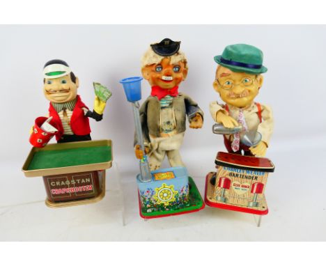 Cragston - Rosko - Other Three unboxed vintage tinplate battery operated toys. Lot consists of Rosko 'Charlie Weaver' Bartend