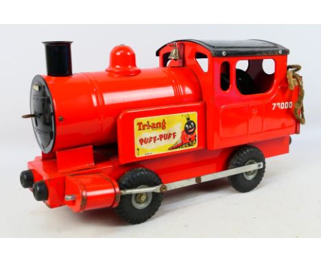 Tri-ang - A large pressed steel Tri-ang 'Puff Puff' railway locomotive. The model has perishing o the bellows and the whistle