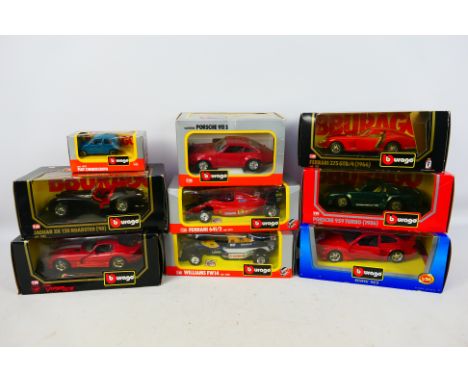 Burago - nine 1/24 scale model motor cars, Porsche 911S, Ferrari 275 GTB, Jaguar XK 120, Dodge Viper, Williams FW14, BMW M3, 