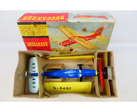 Frog - A boxed Frog (Lines Bros) 'Buccaneer' ready to fly model aircraft. The blue and yellow plastic fuselage aircraft  come