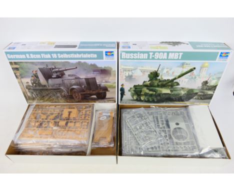 Trumpeter - Two boxed 1:35 scale plastic model military vehicles from Trumpeter. Lot consists of #05562 Russian T-90A MBT; wi