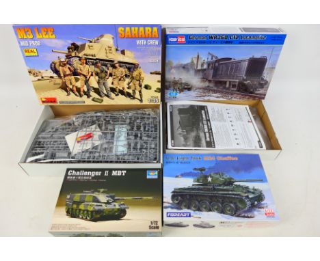 MiniArt - Hobby Boss - Trumpeter - Four boxed plastic military vehicle model kits in various scales. Lot consists of MiniArt 