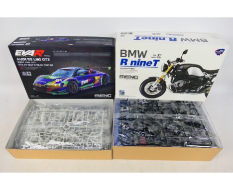 Meng - Two boxed plastic model vehicle kits from Meng. Lot consists of Meng 1:9 scale BMW R Nine T motorcycle. plus Meng GS-0