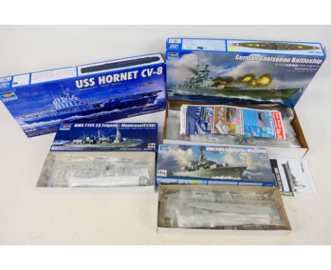 Trumpeter - Four boxed plastic model ship kits in 1:700 scale by Trumpeter. Lot consists of #06719 HMS Type 23 Frigate - Kent