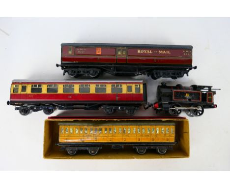 Bassett - Lowke - an O gauge tinplate Royal Mail coach LMS, op no 3251, a BR passenger carriage (probably Hornby) , maroon an