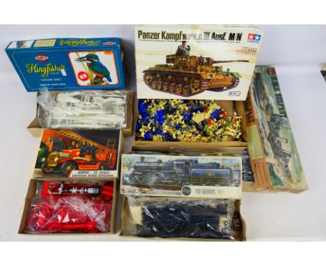 Airfix - Tamiya - Four model kits to include #04212-3 1/600 HMS Belfast, #04653 1/76 BR Mogul #04831-8 King Fisher and #572 1