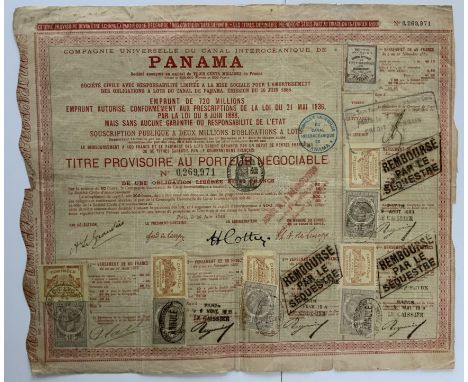1888 PANAMA CANAL SHARE CERTIFICATE WITH REVENUE STAMPS