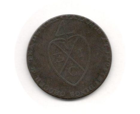 REVERSE TO FACILITATE TRADE · 1813 ·&nbsp;HALFPENNY OBVERSE LETTERING AROUND DOUBLE INNER CIRCLES, WORCESTER CITY ARMS WITHIN
