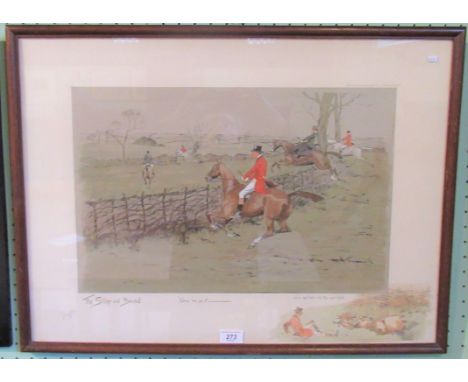 Snaffles, a framed and glazed coloured lithograph; The state and bound 'Send em at it'. Signed.