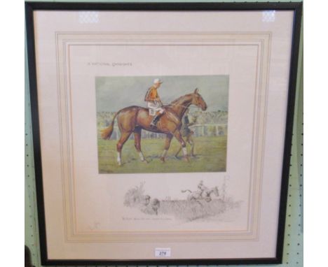 Snaffles, a framed and glazed coloured lithograph: The national candidate 'By goom! Canna that ow'd chesnut oss joomp'. Signe