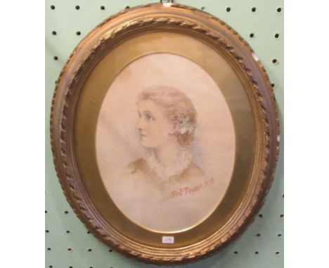 Frankie Frasier, a 19th century gilt framed and glazed watercolour portrait of a young lady with label to verso. 