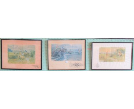 Snaffles, a collection of four framed and glazed coloured lithographs. 'Handing it out to em', 'The Sparrow', 'A little fizze