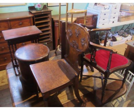 Six items of miscellaneous furniture comprising a bamboo plant stand, oak fire screen, Edwardian corner chair, Victorian oak 
