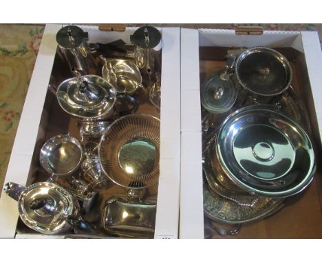 Two boxes of miscellaneous silver plate to include teapots, coffee pots, trays and other similar flatware. 