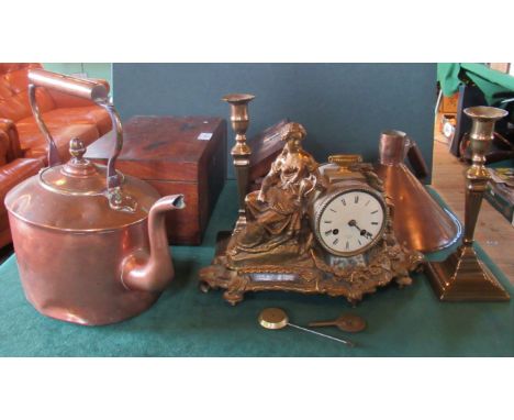 A quantity of miscellaneous items to include a gilt metal French mantle clock, pair of brass candlesticks, copper kettle, ros