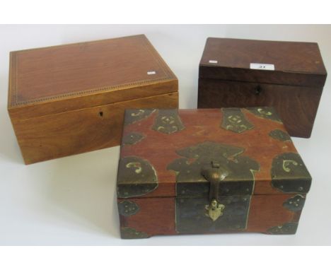 A mahogany and Tunbridge ware inlaid jewellery box, together with a 19th century mahogany tea caddy and a brass bound casket.