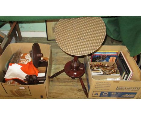 A large quantity of lace making accoutrements including bobbin winders, bobbins, books. lace making pillow and other related 
