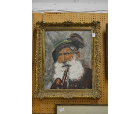 Continental school, portrait bust of an Austrian man with a large bushy white beard smoking a pipe in a decorative gilt frame