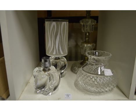 A pair of small Sevres glass table lamps, another lamp, and a shade.
