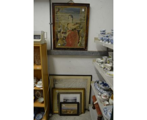 A woolwork tapestry picture, a framed indenture and three pictures.