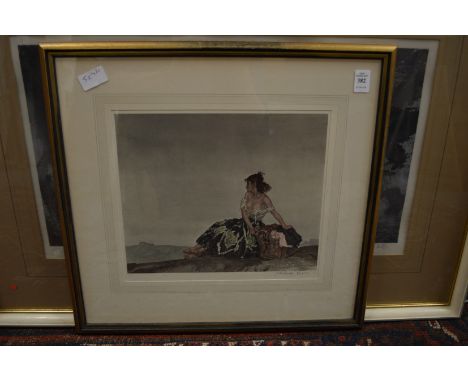William Russell Flint, seated female figure with a basket, colour print, pencil signed.