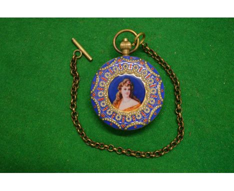 An ornate pocket watch with enamel and pearl decoration.