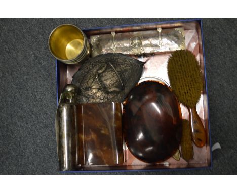 Plated hip flask, cigarette box, other collectables.