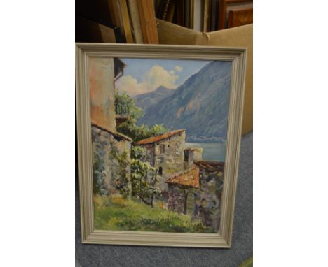 A Continental landscape with buildings, oil on canvas and a colour print.