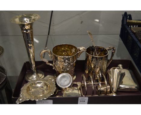 A good collection of small silverware to include a small hip flask, engraved tankard, toast rack, pill boxes etc.