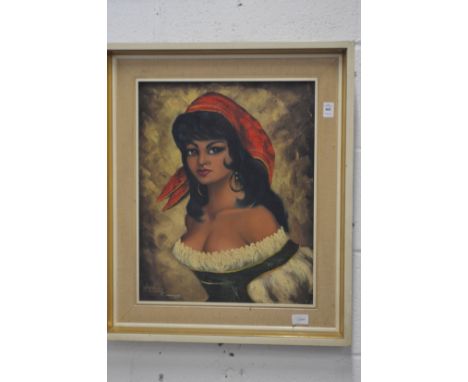 Continental school, bust length portrait of a gypsy girl, oil on canvas, signed.