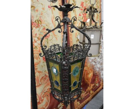 A good cast iron and stained glass leaded hall lantern.