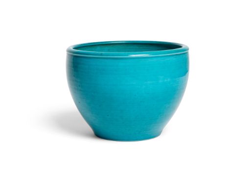 TURQUOISE-GLAZED BASIN QIANLONG MARK potted with bulbous body and lipped rim, covered overall save for a disc band on the bas