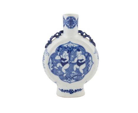 BLUE AND WHITE MOON FLASK KANGXI MARK painted with two identical scenes of two joyous boys holding a sprig issuing to a styli