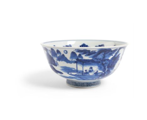 BLUE AND WHITE BOWL KANGXI PERIOD potted with deep rounded sides and gently flared rim, painted on one side within a rectangu