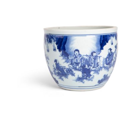 BLUE AND WHITE 'SEVEN SAGES OF THE BAMBOO GROVE' BASIN KANGXI PERIOD potted in bulbous body and lipped rim, the body decorate