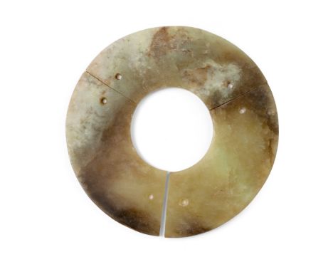 CELADON JADE ‘TRIPLE HUANG’ BI DISC HAN DYNASTY comprising three flat arc-shaped sections, each with straight edges and a con