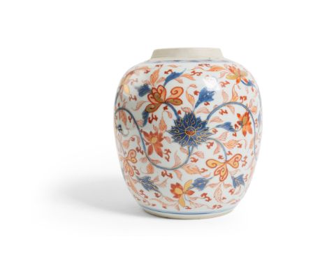 CHINESE IMARI 'LOTUS' JAR KANGXI PERIOD the ovoid body painted with lotus blooms borne on foliated tendrils in iron-red, gilt