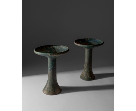 PAIR OF VERY RARE BRONZE RITUAL TRIPOD VESSELS NEOLITHIC-TO-BRONZE-AGE-STYLE, MONGOLIA, DONGHU each vessel composed of a shal