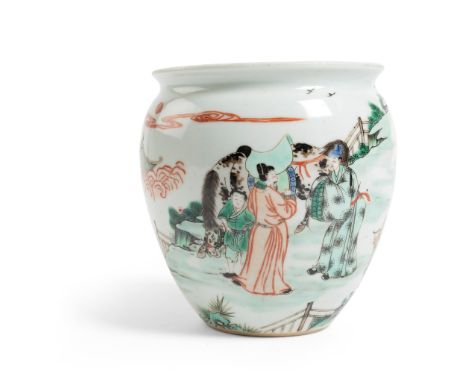 WUCAI JAR KANGXI PERIOD of tapered bulbous body, waisted neck and everted short wide mouth, the exterior finely painted with 