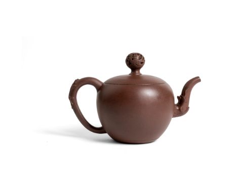 YIXING STONEWARE TEAPOT WITH COVER PROBABLY KANGXI PERIOD the globular body supported on a recessed foot, the side attached w