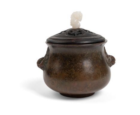 BRONZE CENSER WITH WOODEN COVER XUANDE MARK heavily cast with a compressed pear-shaped body, rising from a short foot to a wa